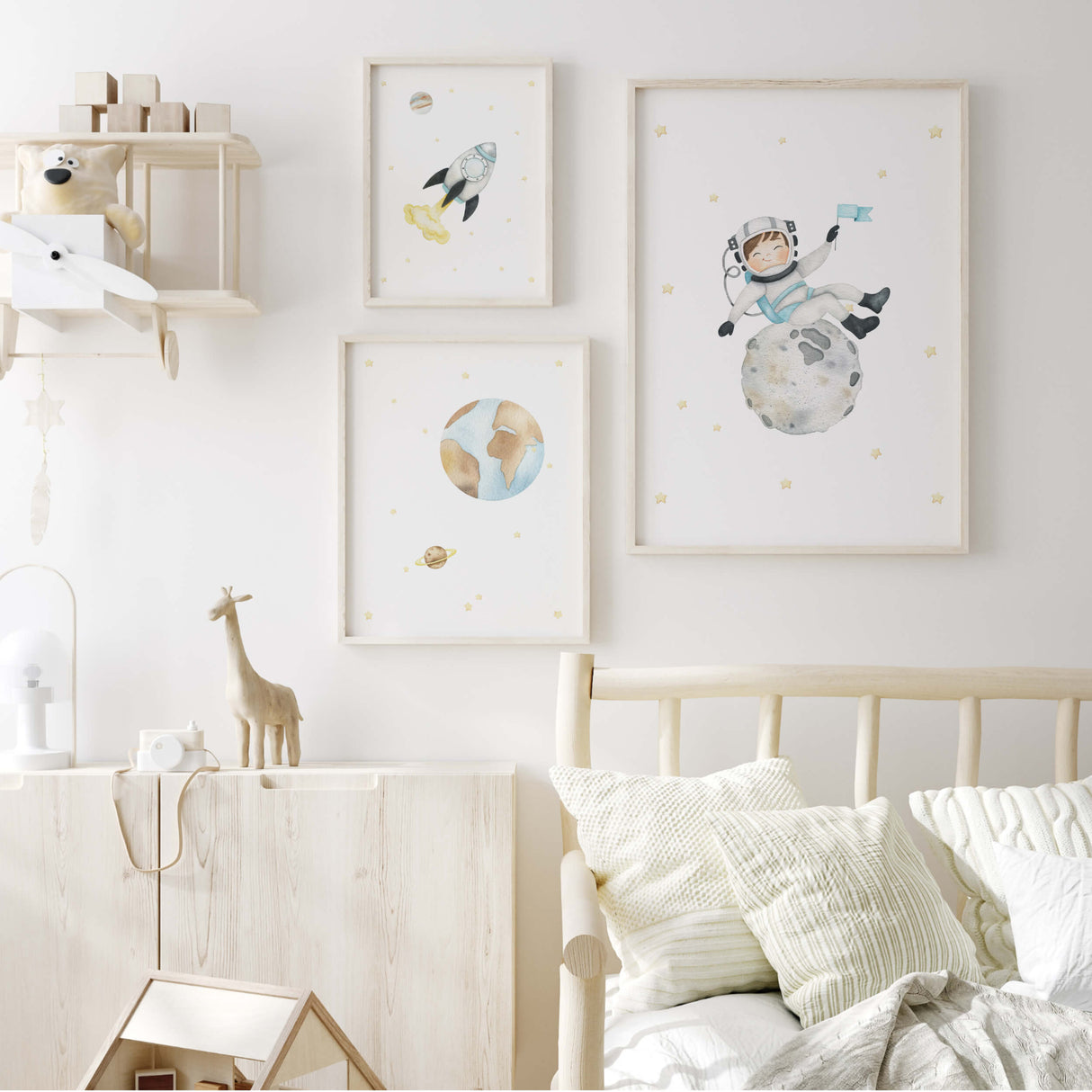 Set of 3 space nursery print for neutral nursery ideas and decor.