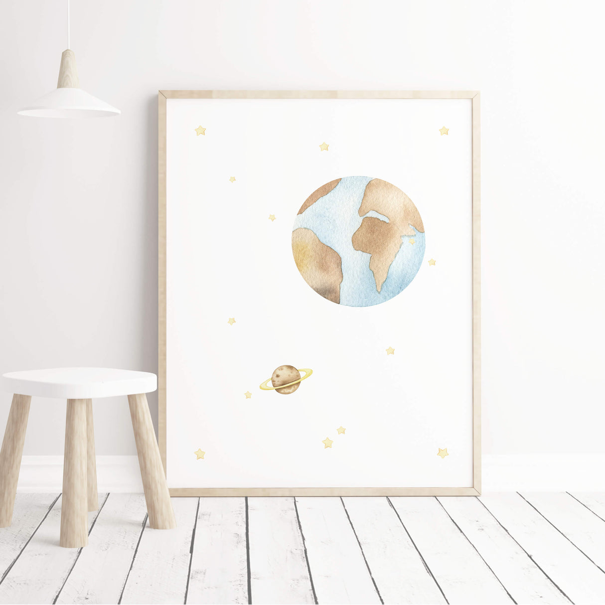 Watercolor space printable with planets for neutral nursery decor.