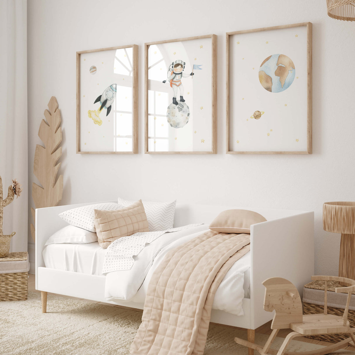 Set of 3 watercolor space nursery printable with planets, spaceship and astronaut girl for baby girls room decor and kids room decor.