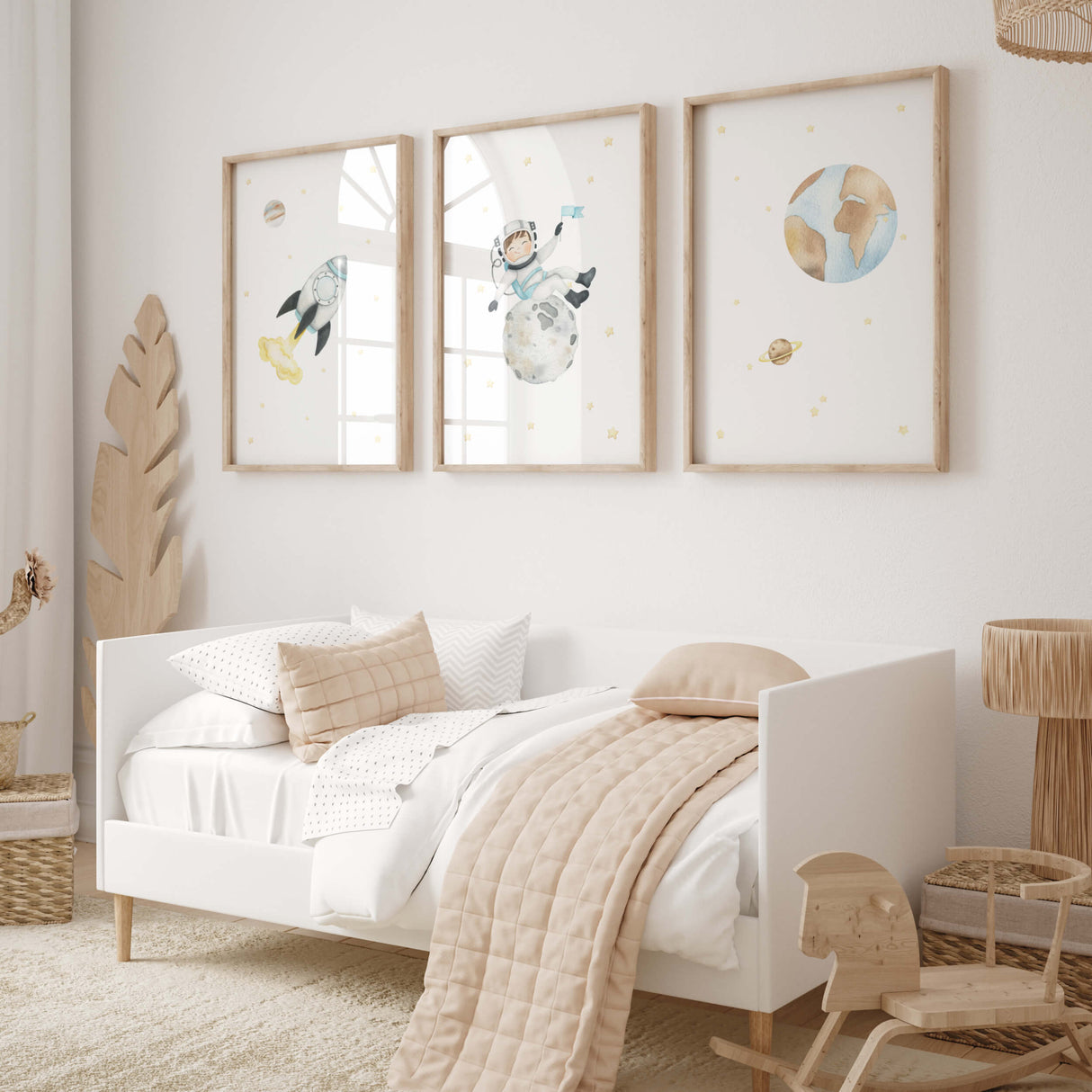 Set of 3 watercolor astronaut nursery printable with planets, spaceship and astronaut boy for baby boys room decor and kids room decor.