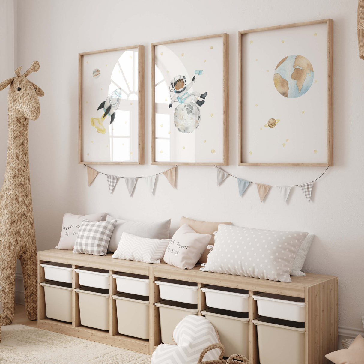 Set of 3 watercolor space nursery printable with planets, spaceship and astronaut boy for baby boys room decor and toddler nursery decor.