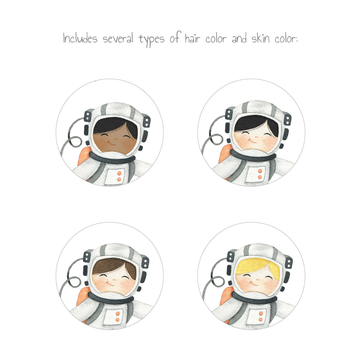 Watercolor astronaut boy print with different hair and skin color for girls room decor.