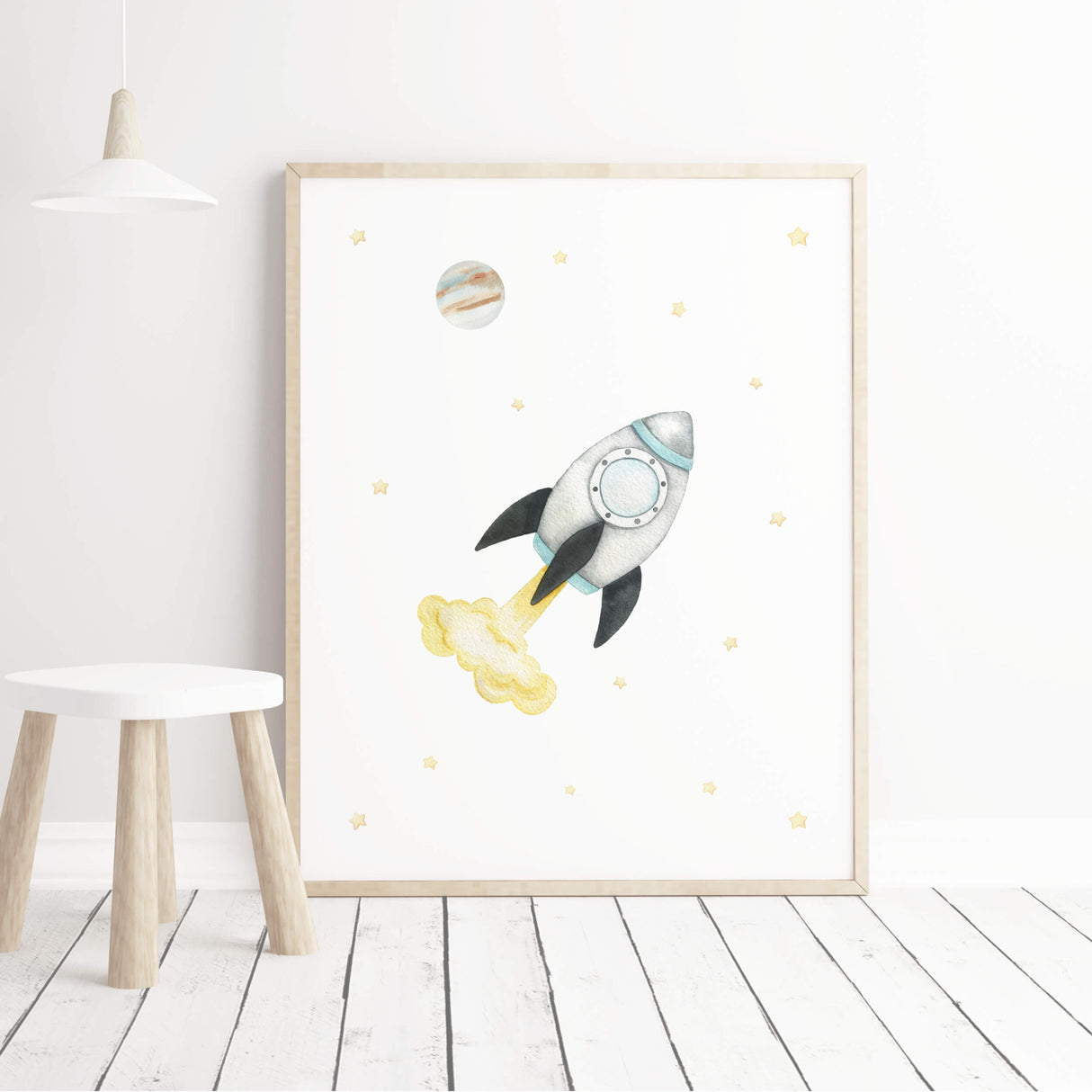 Watercolor planets and spaceship for neutral kids room decor.