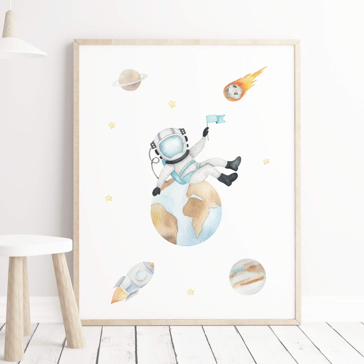 Watercolor space astronaut print for neutral nursery decor.