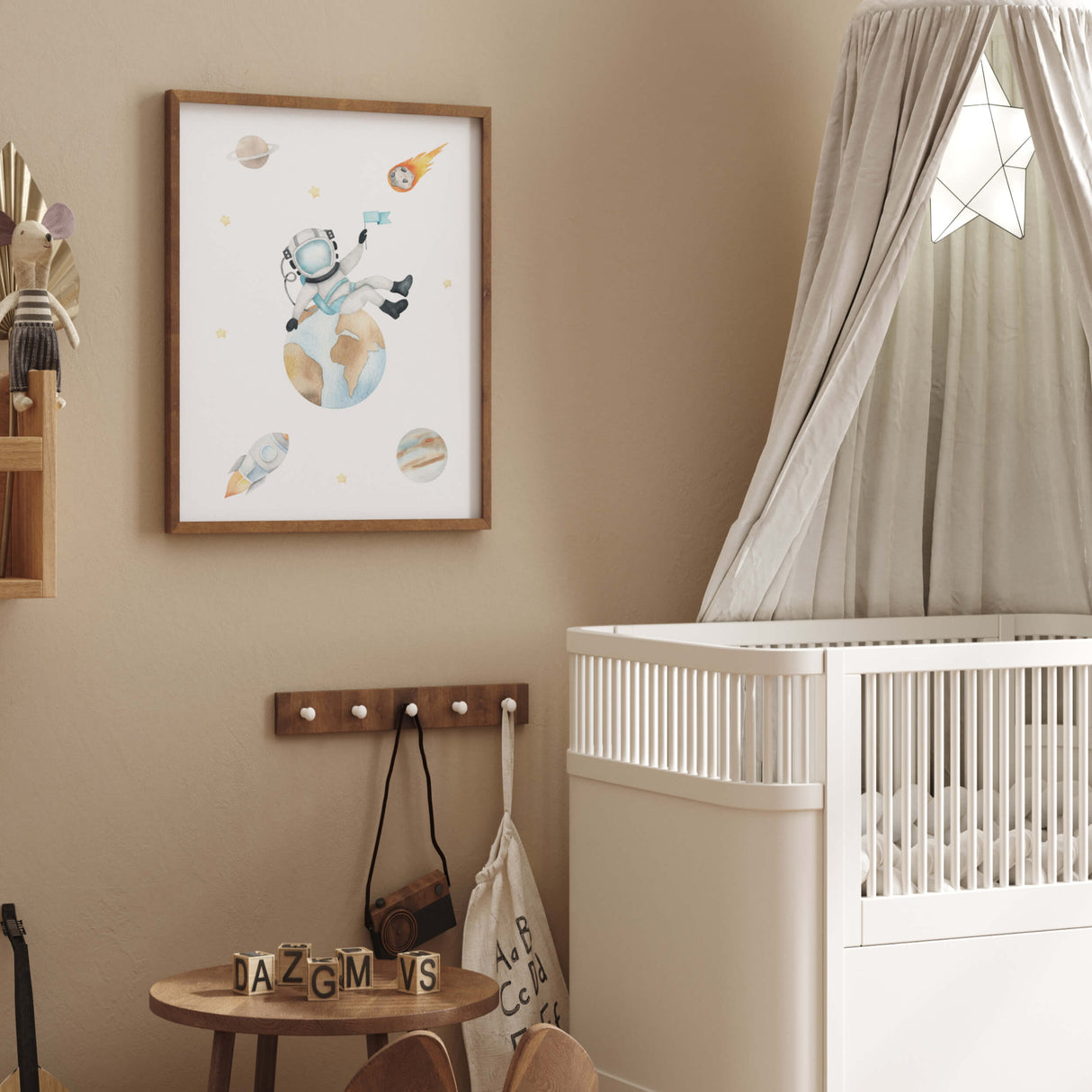 Watercolor space astronaut print for neutral kids room decor.