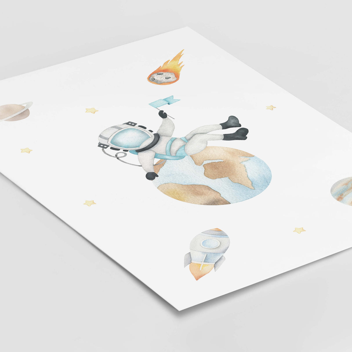 Watercolor space astronaut poster for neutral nursery decor.