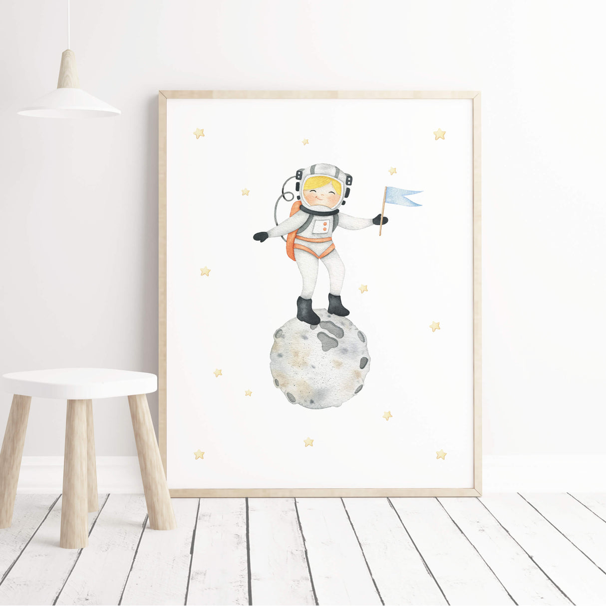 Watercolor astronaut girl on the moon printable for girls nursery wall decor.