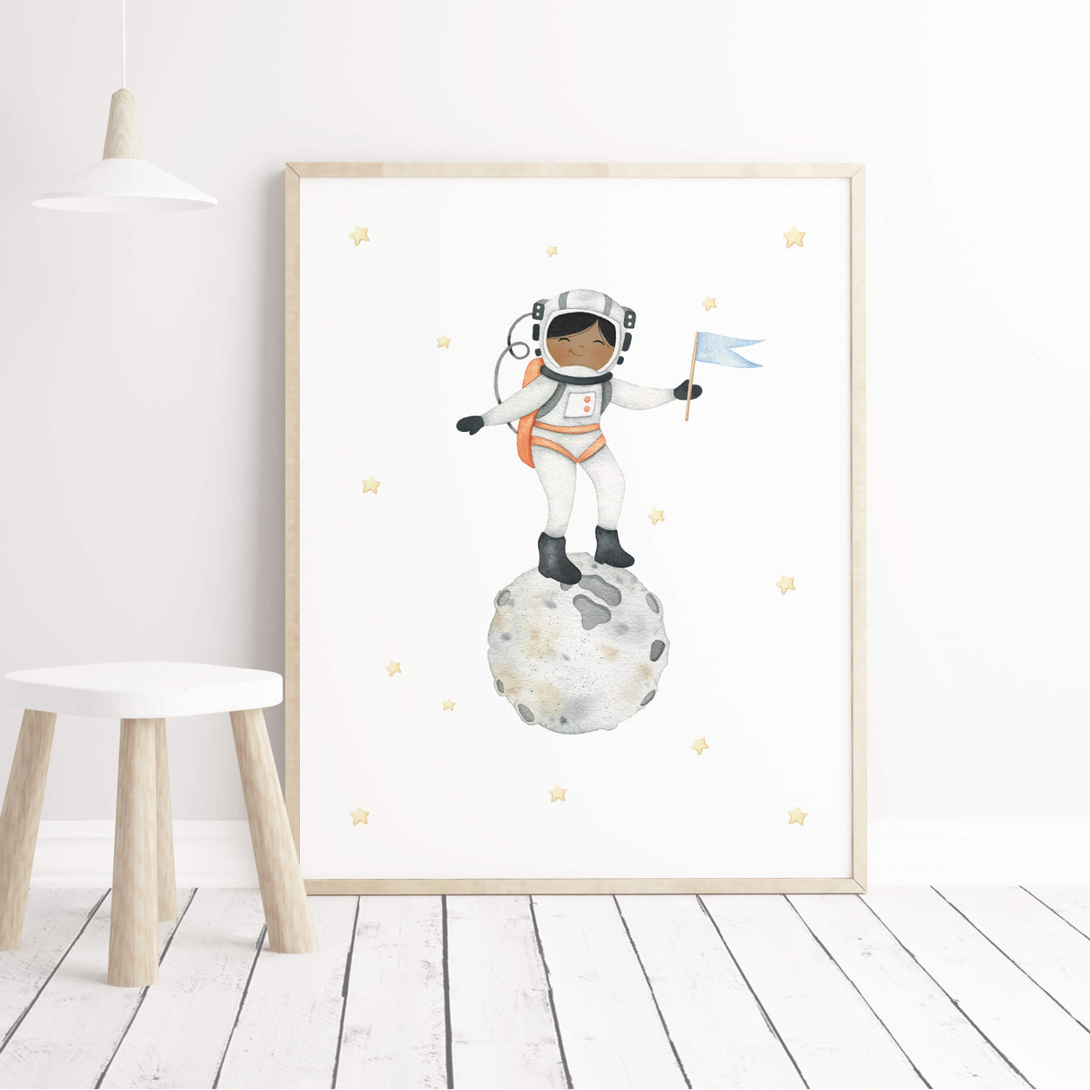 Watercolor astronaut girl with brown skin on the moon printable for girls nursery wall decor.