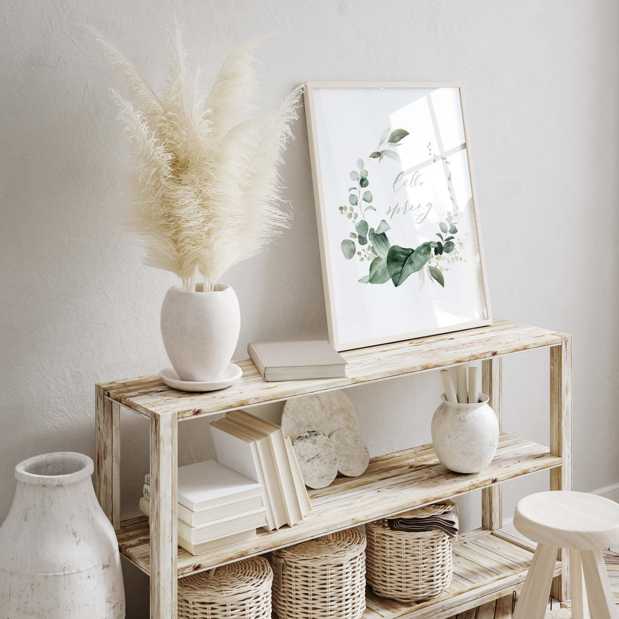 Watercolor hello spring greenery wreath printable with eucalyptus and sage green hello spring quote for spring home decor, botanical home decor, greenery home decor, sage green home decor.