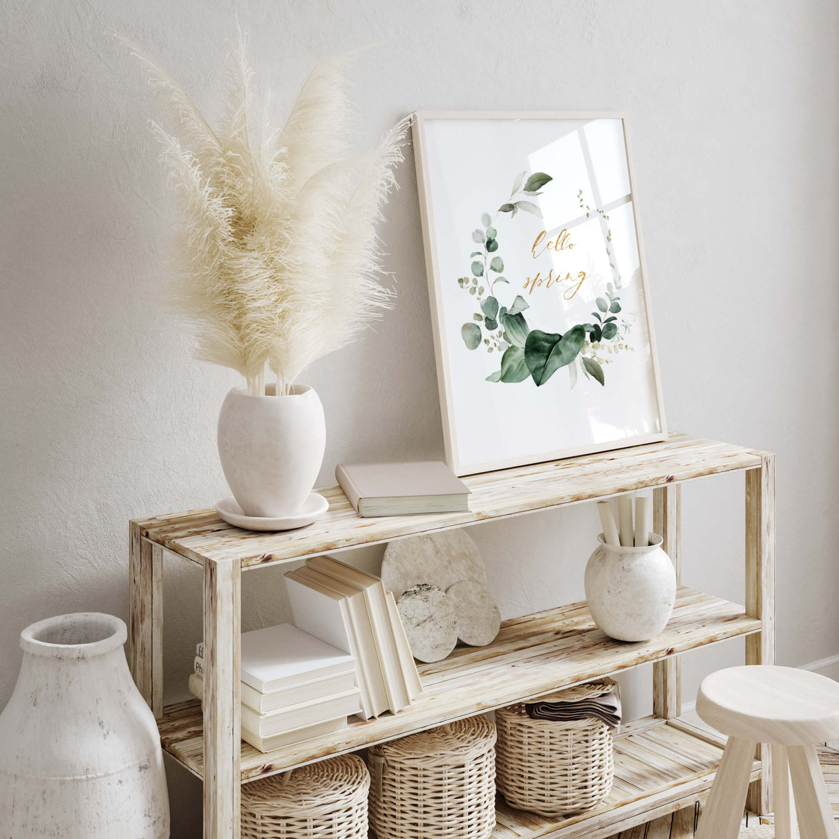 Watercolor hello spring greenery wreath poster with eucalyptus and gold hello spring quote for spring home decor, botanical home decor, greenery home decor, green home decor.