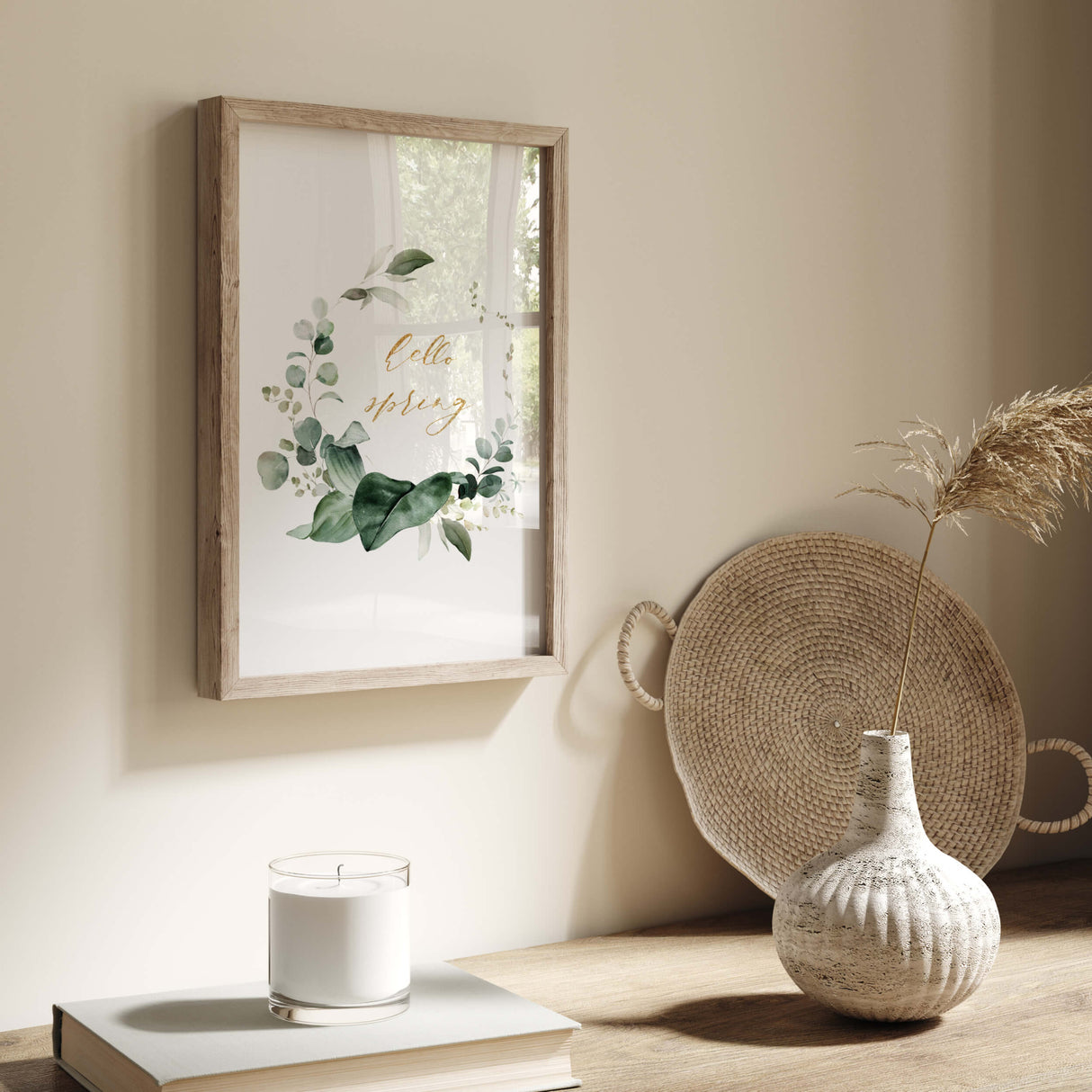 Watercolor hello spring greenery wreath printable with eucalyptus and gold hello spring quote for spring home decor, botanical home decor, greenery home decor, green home decor.