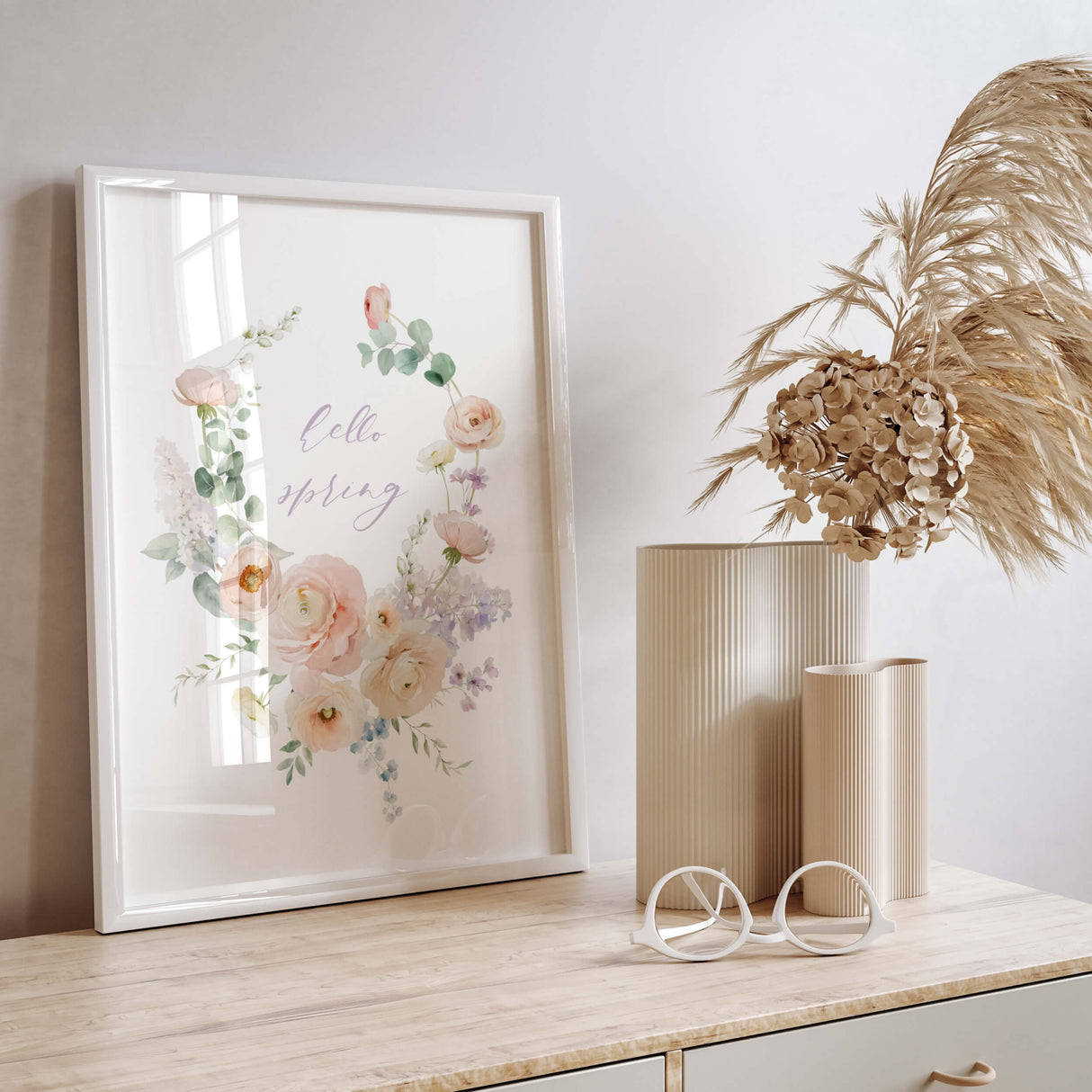 Watercolor happy spring wildflower wreath printable in pink, blush, purple colors for spring home decor, botanical home decor, wildflower home decor