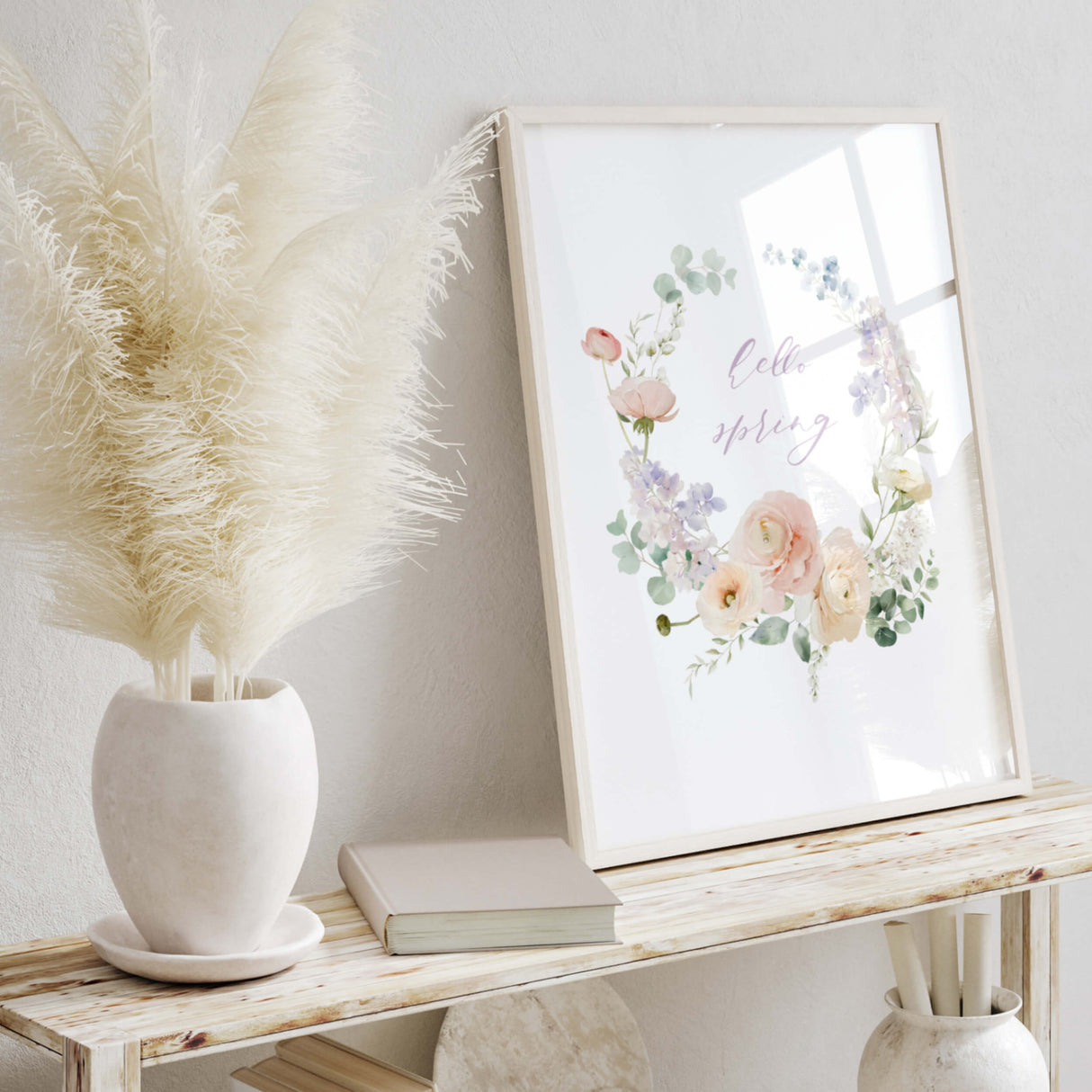 Watercolor happy spring flower wreath printable in pink, blush, purple colors for spring home decor, botanical home decor, wildflower home decor