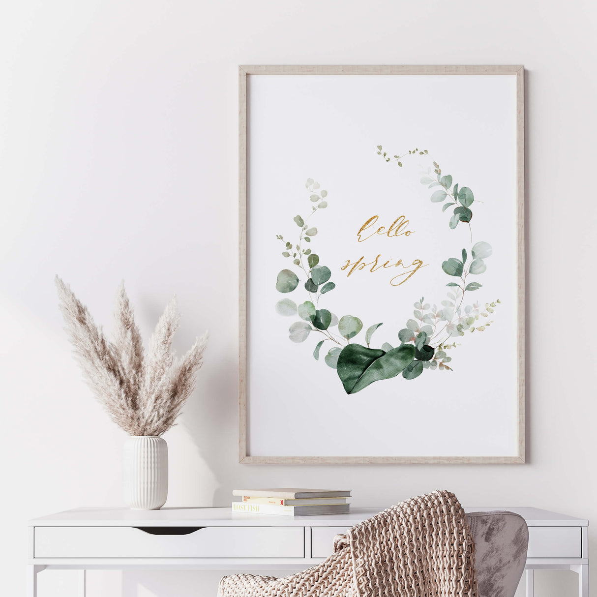 Watercolor hello spring greenery wreath printable with eucalyptus and gold hello spring quote for spring home decor, botanical home decor, greenery home decor, green home decor.