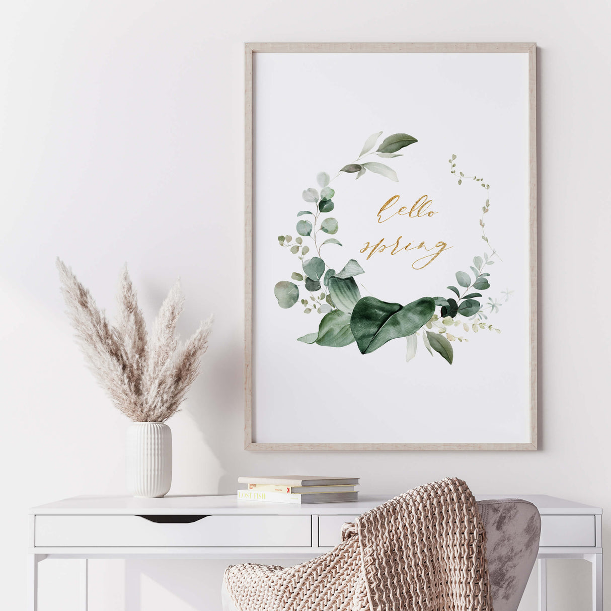Watercolor hello spring greenery wreath printable with eucalyptus and gold hello spring quote for spring home decor, botanical home decor, greenery home decor, green home decor.