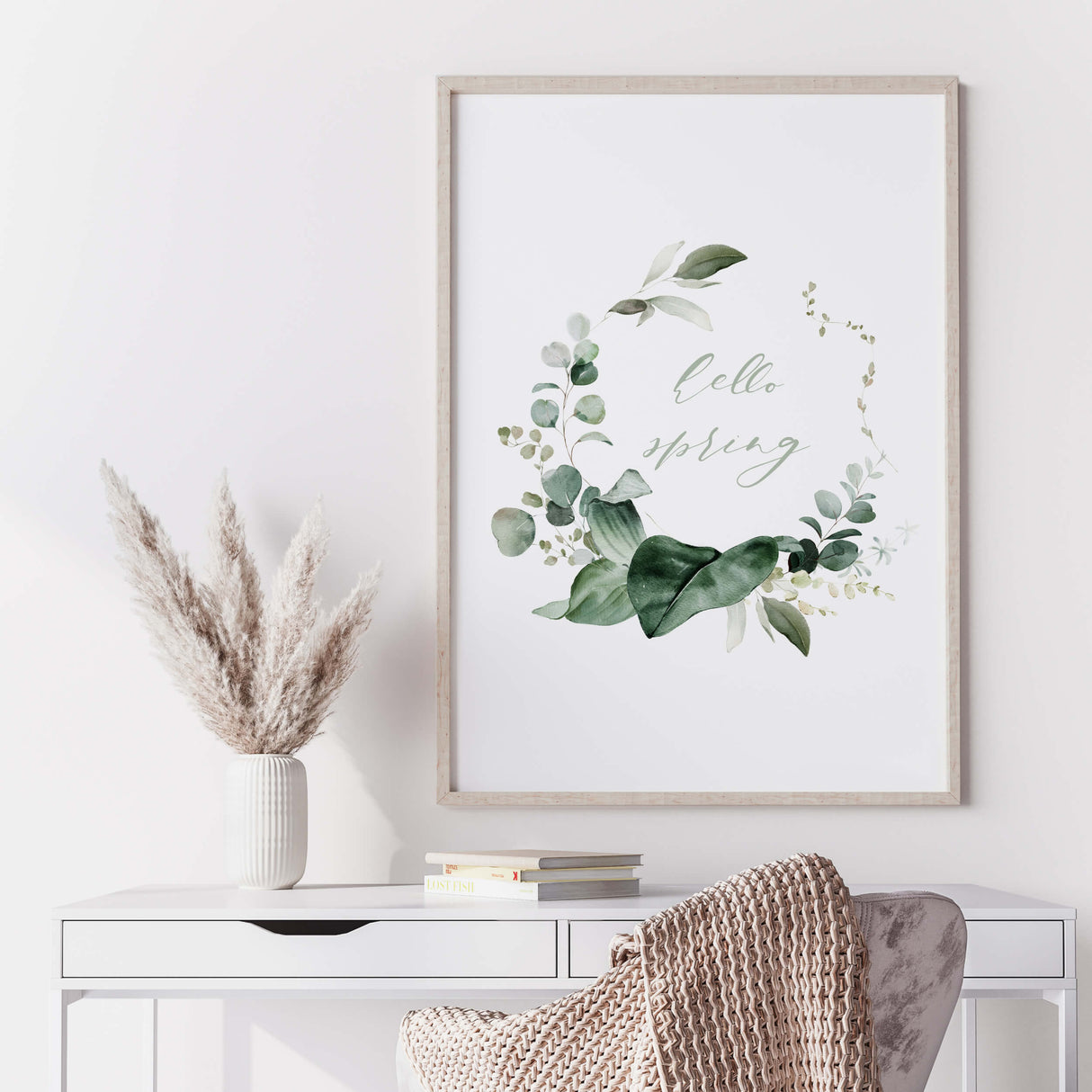 Watercolor hello spring greenery wreath poster with eucalyptus and sage green hello spring quote for spring home decor, botanical home decor, greenery home decor, sage green home decor, boho home decor.