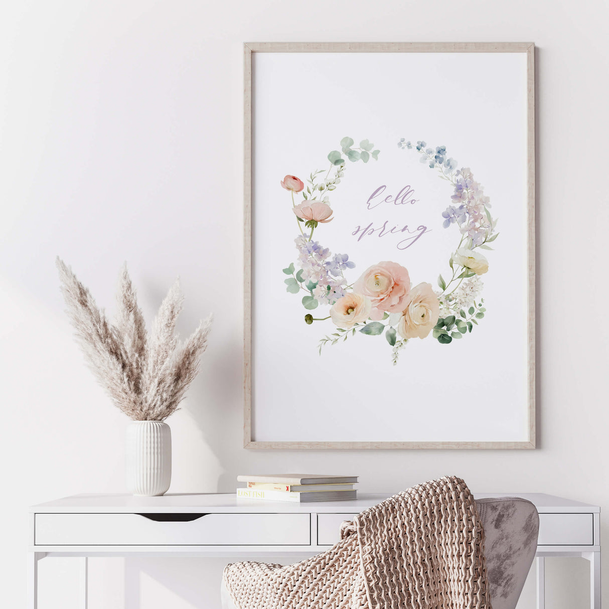 Watercolor happy spring flower wreath print in pink, blush, purple colors for spring home decor, botanical home decor, wildflower home decor