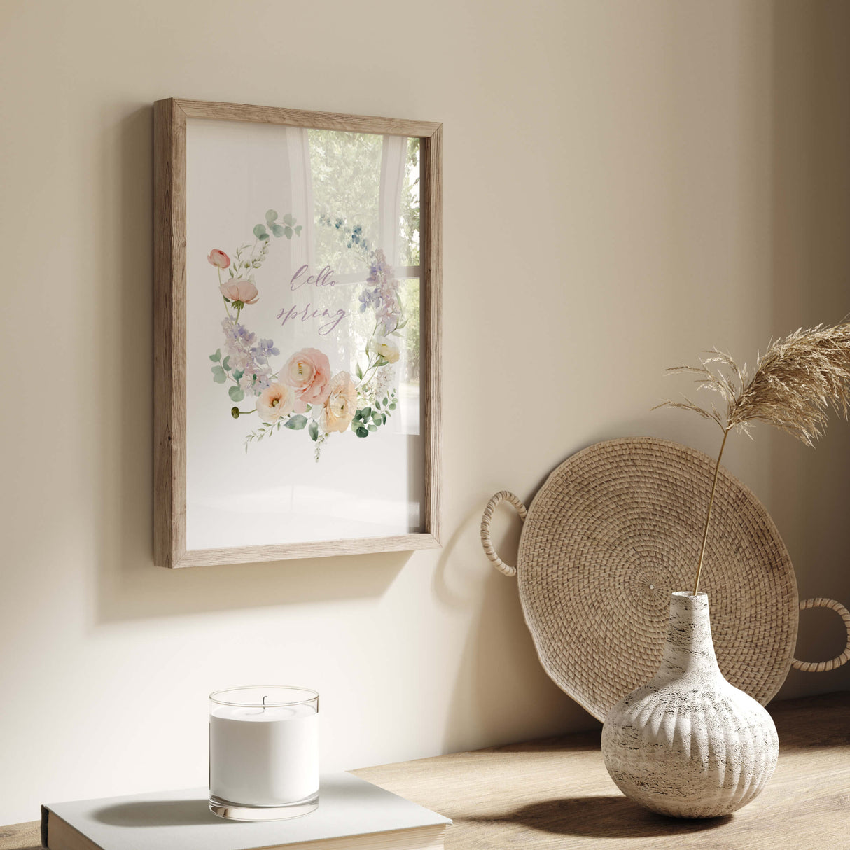 Watercolor happy spring flower wreath print in pink, blush, purple colors for spring home decor, botanical home decor, wildflower home decor