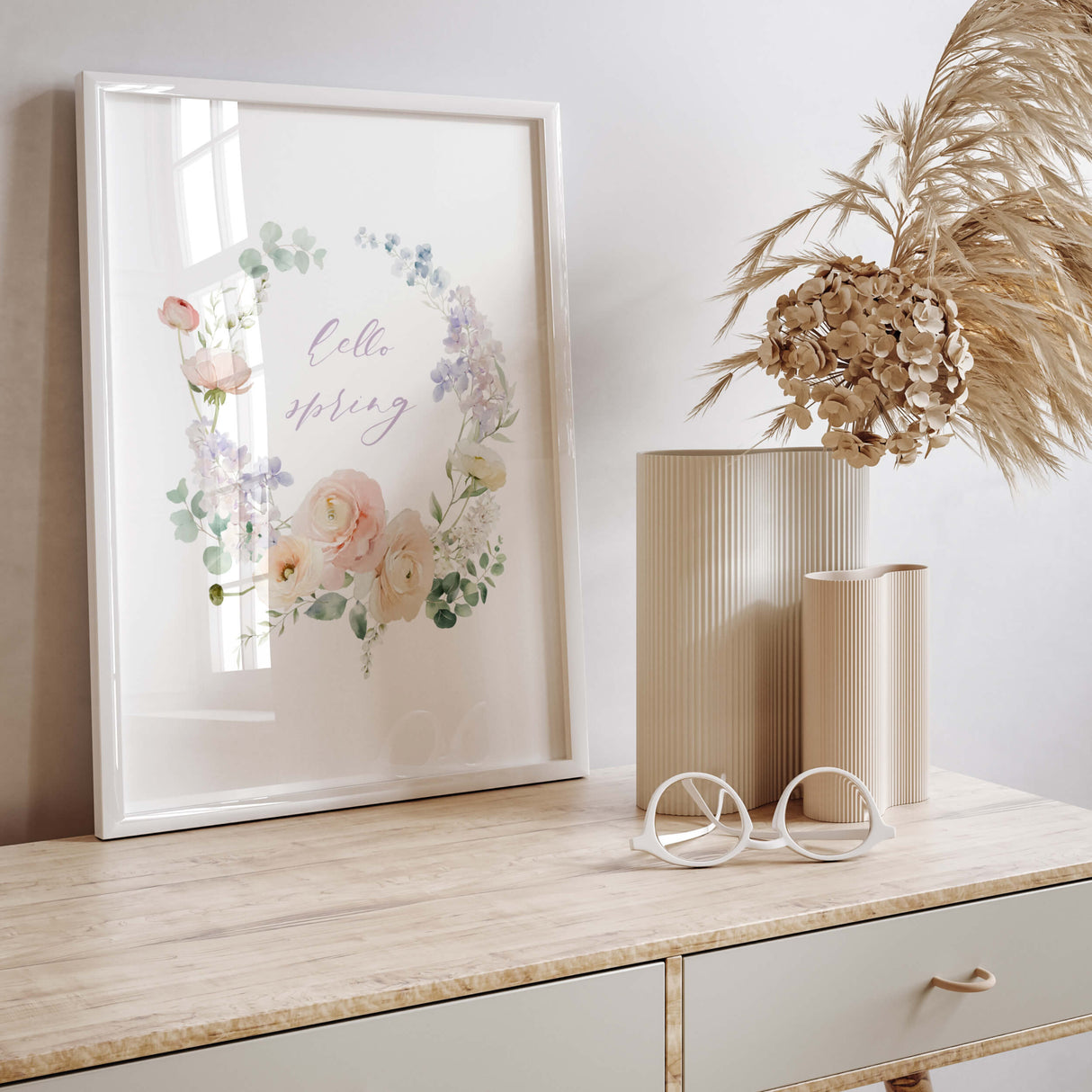 Watercolor happy spring flower wreath poster in pink, blush, purple colors for spring home decor, botanical home decor, wildflower home decor