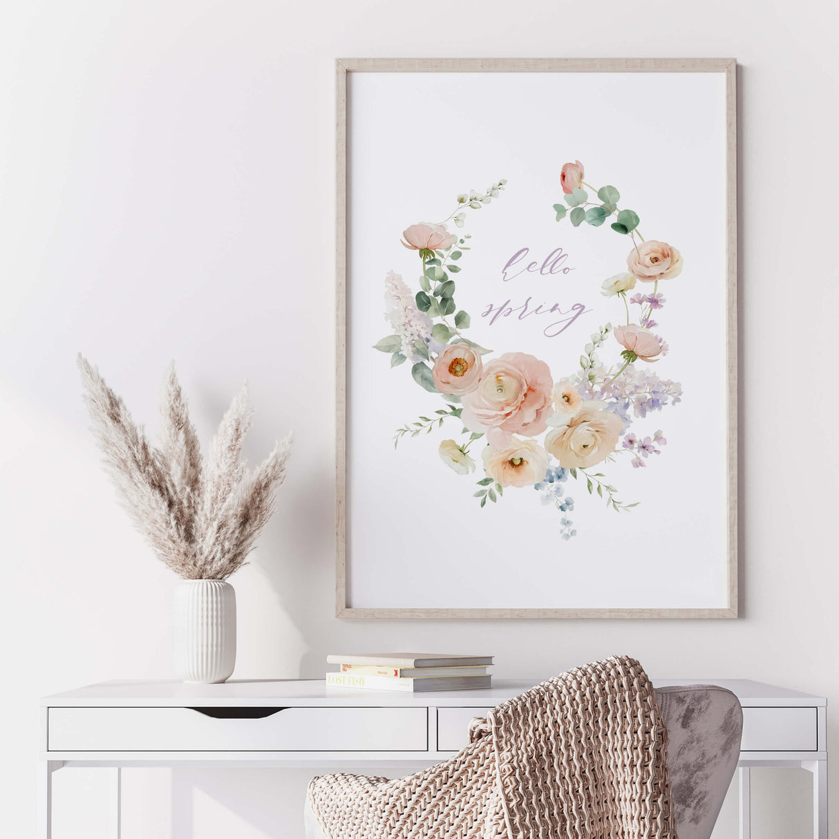 Watercolor happy spring wildflower wreath print in pink, blush, purple colors for spring home decor, botanical home decor, wildflower home decor