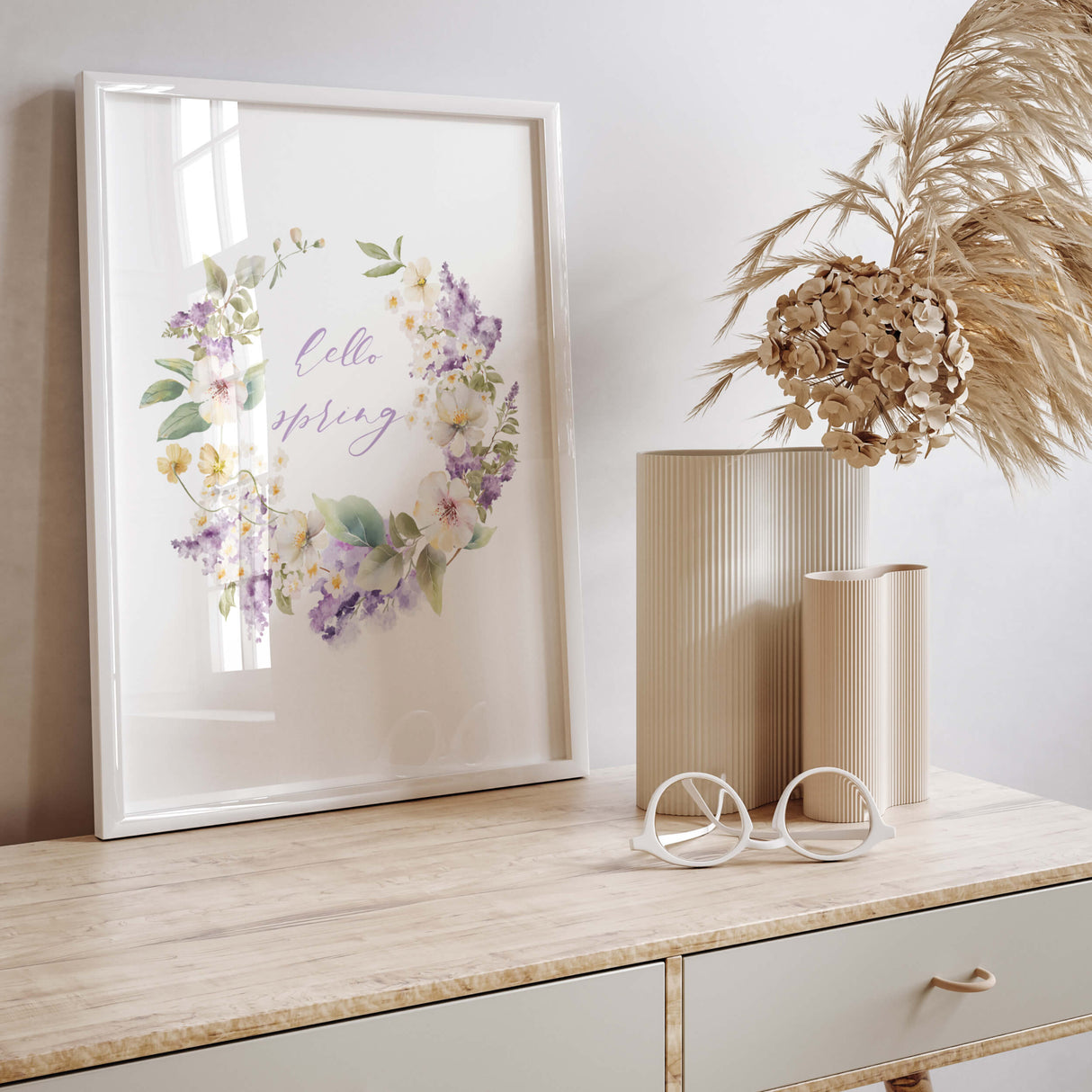 Watercolor happy spring flower wreath printable for spring home decor, botanical home decor, wildflower home decor