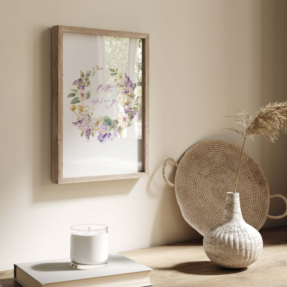 Watercolor happy spring flower wreath print for spring home decor, botanical home decor, wildflower home decor