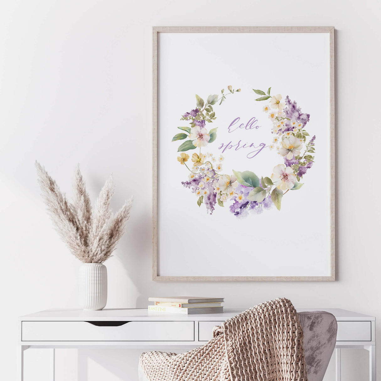 Watercolor happy spring flower wreath poster for spring home decor, botanical home decor, wildflower home decor