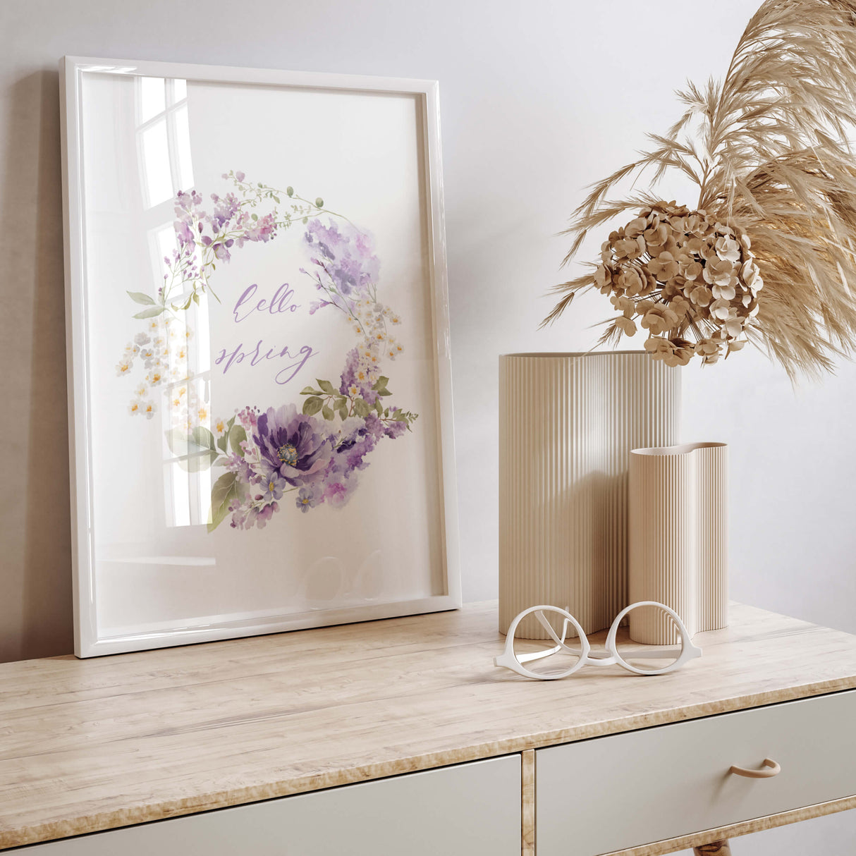 Watercolor happy spring flower wreath poster for spring home decor, botanical home decor, wildflower home decor