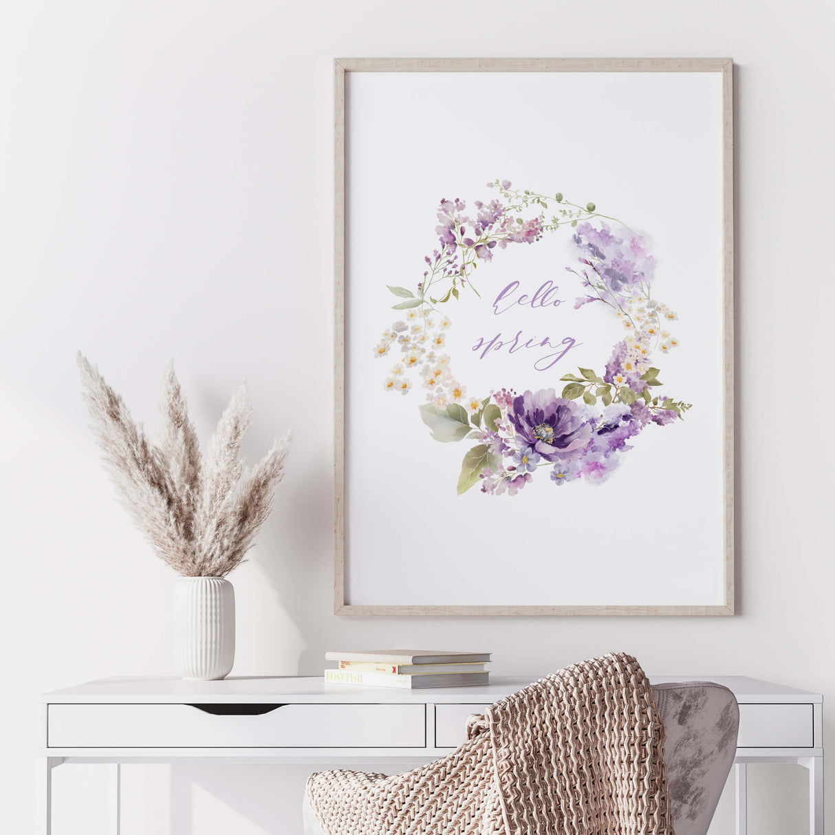 Watercolor happy spring flower wreath print for spring home decor, botanical home decor, wildflower home decor