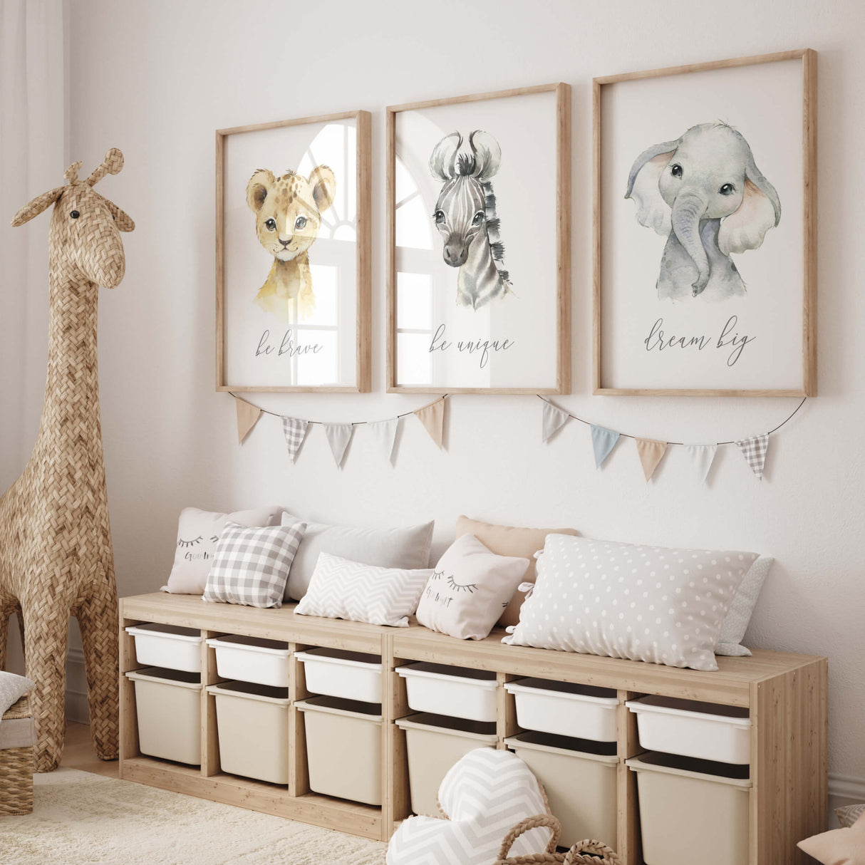 Set of 3 watercolor safari print with inspirational quote for gender neutral nursery decor, boho nursery decor, includes: lion - be brave, Elephant - dream big, Zebra - be unique.