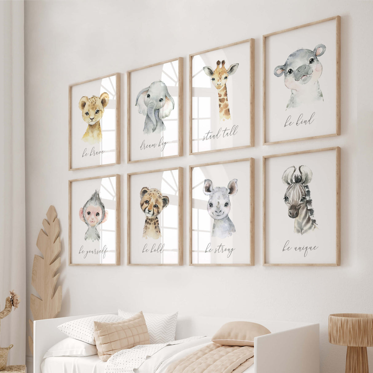 Set of 8 watercolor safari print with inspirational quote for gender neutral nursery decor, boho nursery decor, includes: lion - be brave, Elephant - dream big, Giraffe - stand tall, Hippo - be kind, Zebra - be unique, monkey - be yourself, leopard - be bold, rhino - be strong.