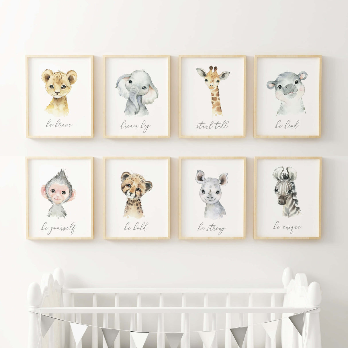 Set of 8 watercolor safari printable with inspirational quote for gender neutral nursery decor, boho nursery decor, includes: lion - be brave, Elephant - dream big, Giraffe - stand tall, Hippo - be kind, Zebra - be unique, monkey - be yourself, leopard - be bold, rhino - be strong.