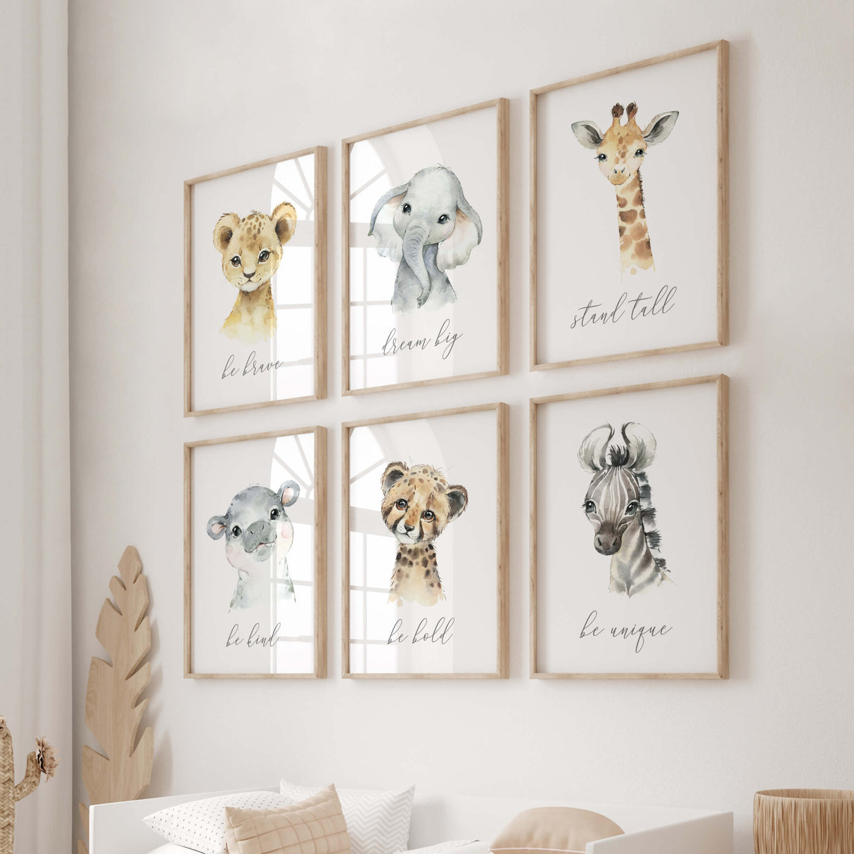 Set of 6 watercolor safari print with inspirational quote for gender neutral nursery decor, boho nursery decor, includes: lion - be brave, Elephant - dream big, Giraffe - stand tall, Hippo - be kind, Zebra - be unique, leopard - be bold,