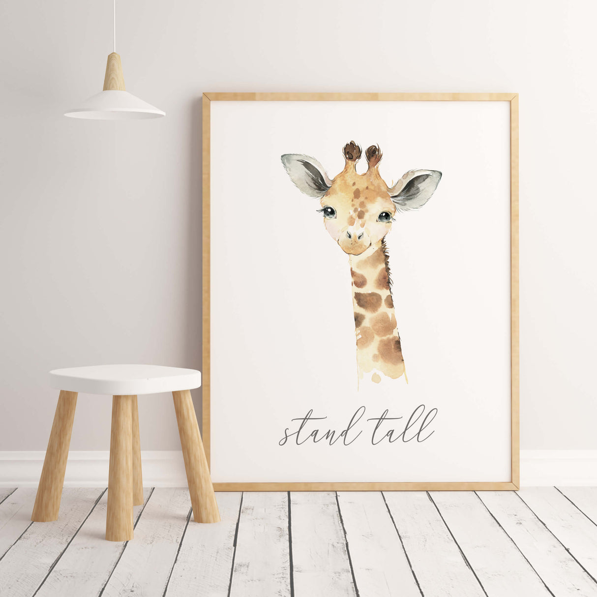 Watercolor giraffe print with stand tall inspirational quote for gender neutral nursery decor, boho nursery decor.