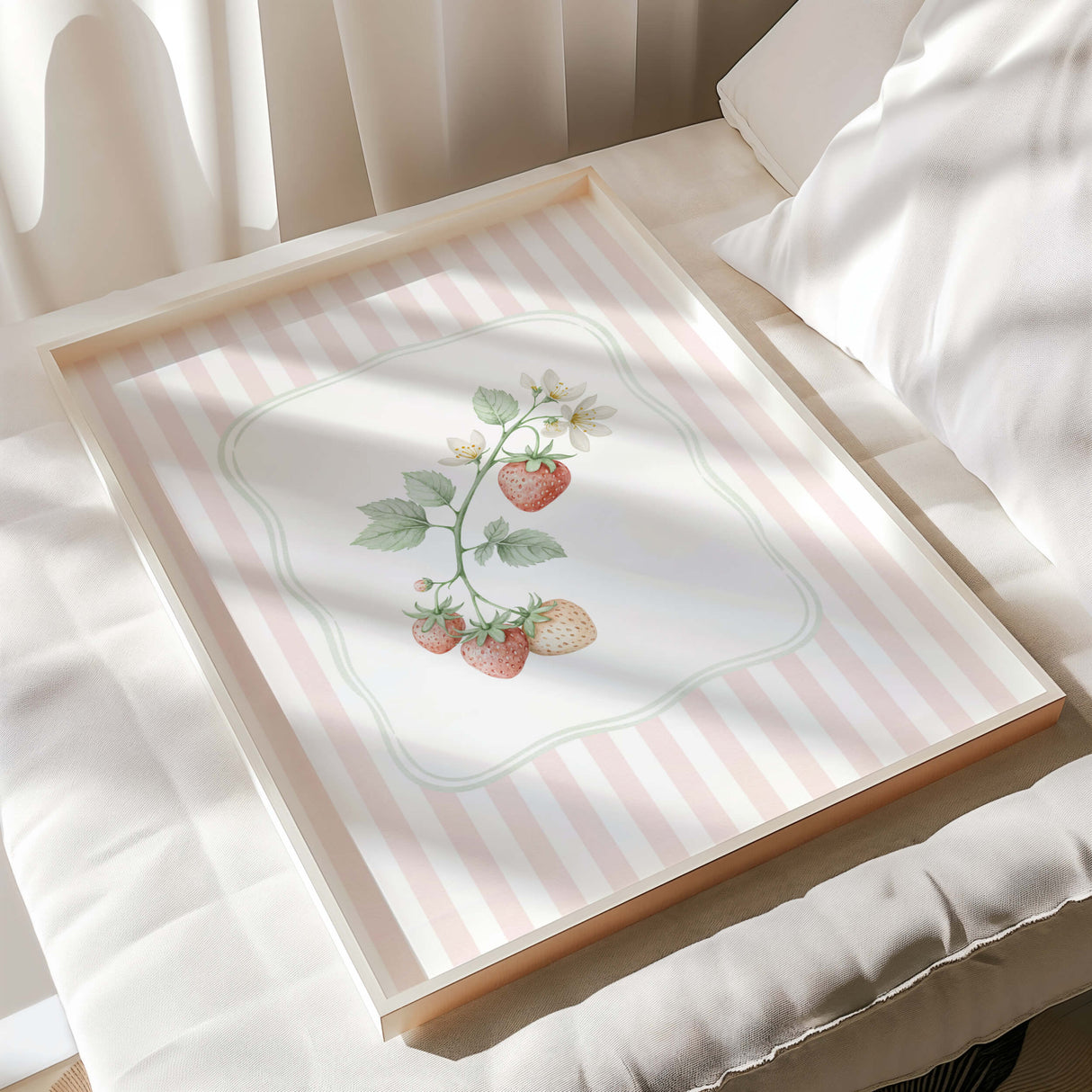 Strawberry and toadstool printable wall art set with pink and green vintage frame design.