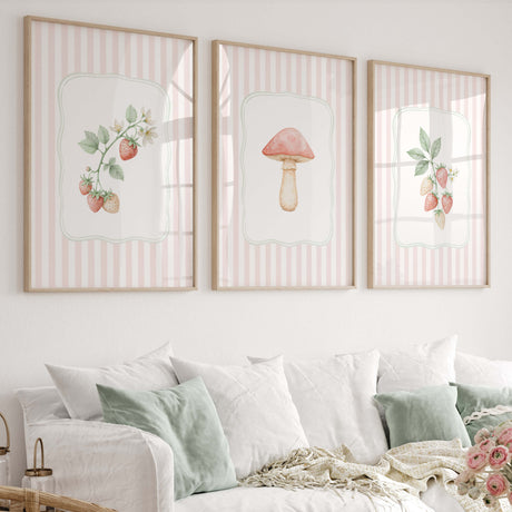 Pink striped strawberry and mushroom wall art set of 3 printable for kitchen or nursery decor.