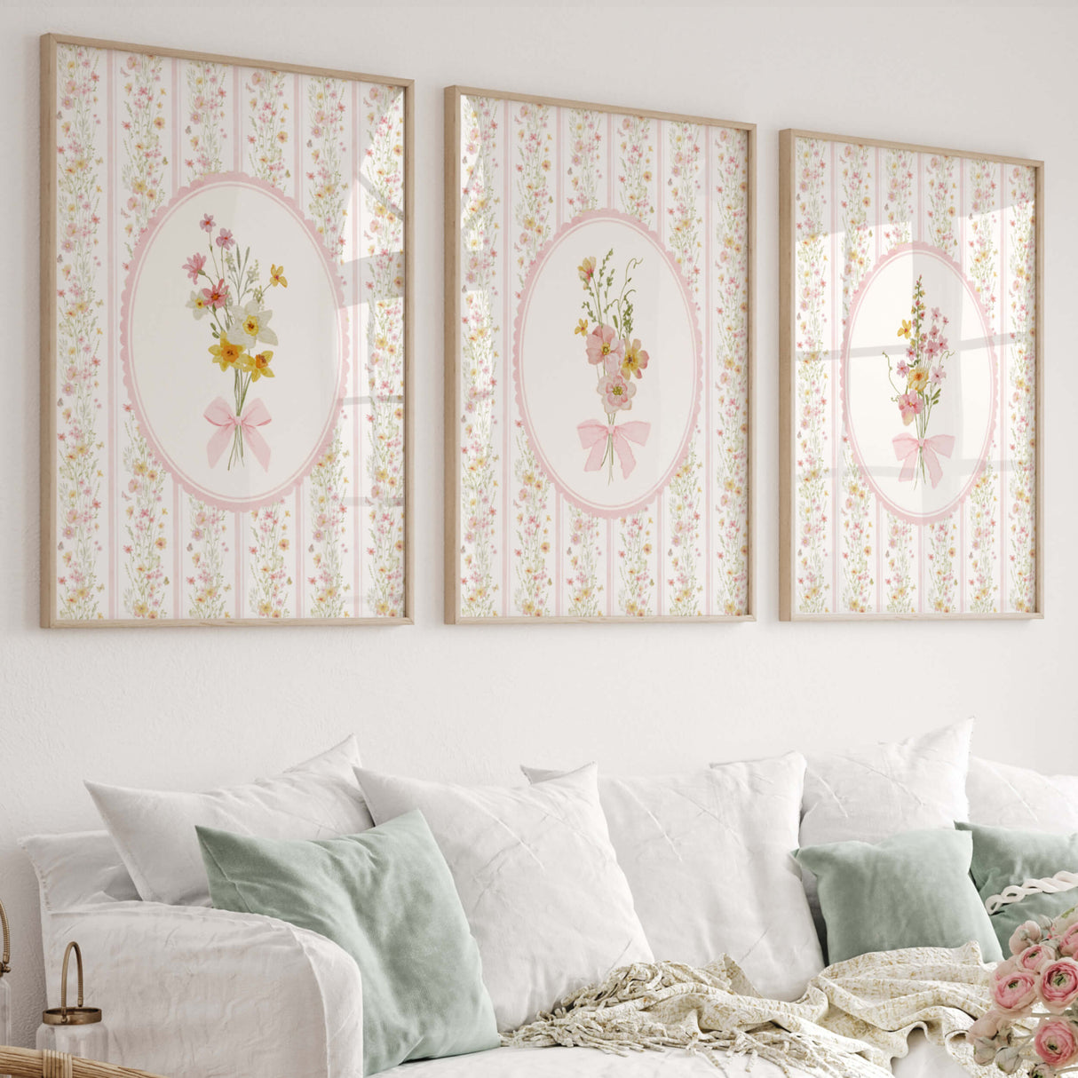 Vintage floral wall art set of 6 printable with pink wildflowers for baby girl nursery