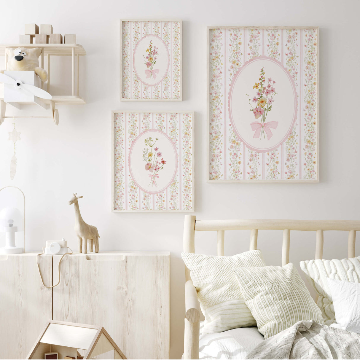 Baby girl nursery wall art printable with vintage floral and bow design