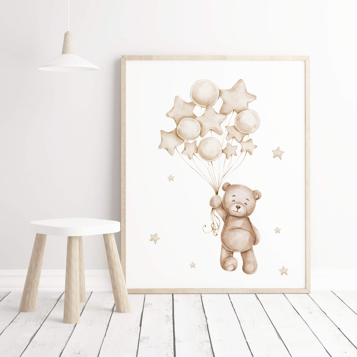 Watercolor teddy bear
with balloon in beige and brown colors for gender neutral nursery ideas, decor, girls room decor, toddler room decor.