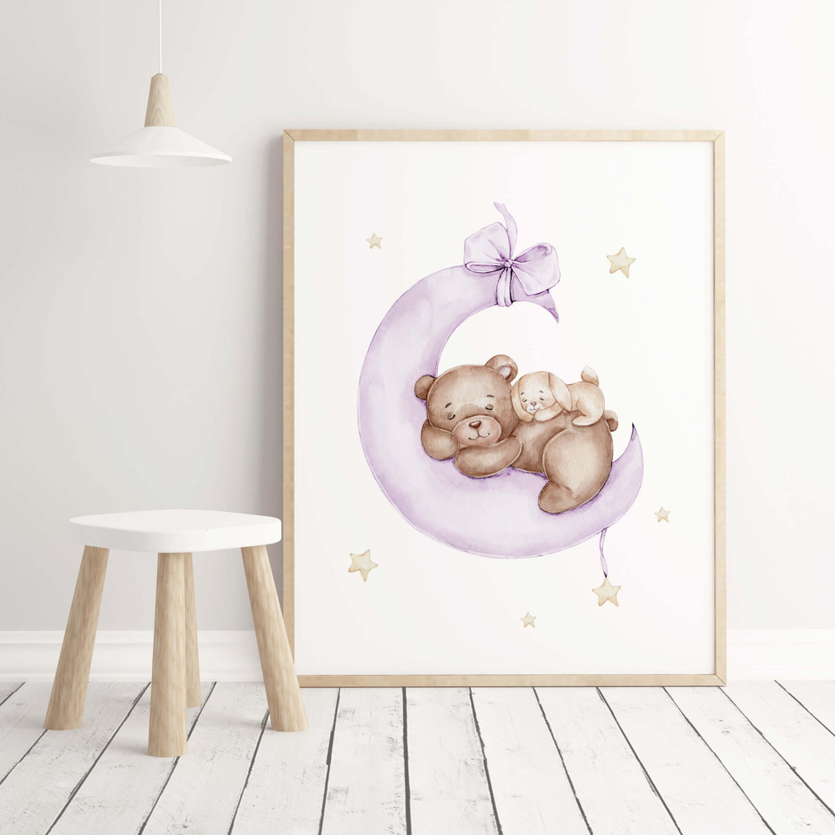 Watercolor teddy bear with bunny on the moon poster in purple, brown, yellow colors for baby girls room decor and purple nursery decor.
