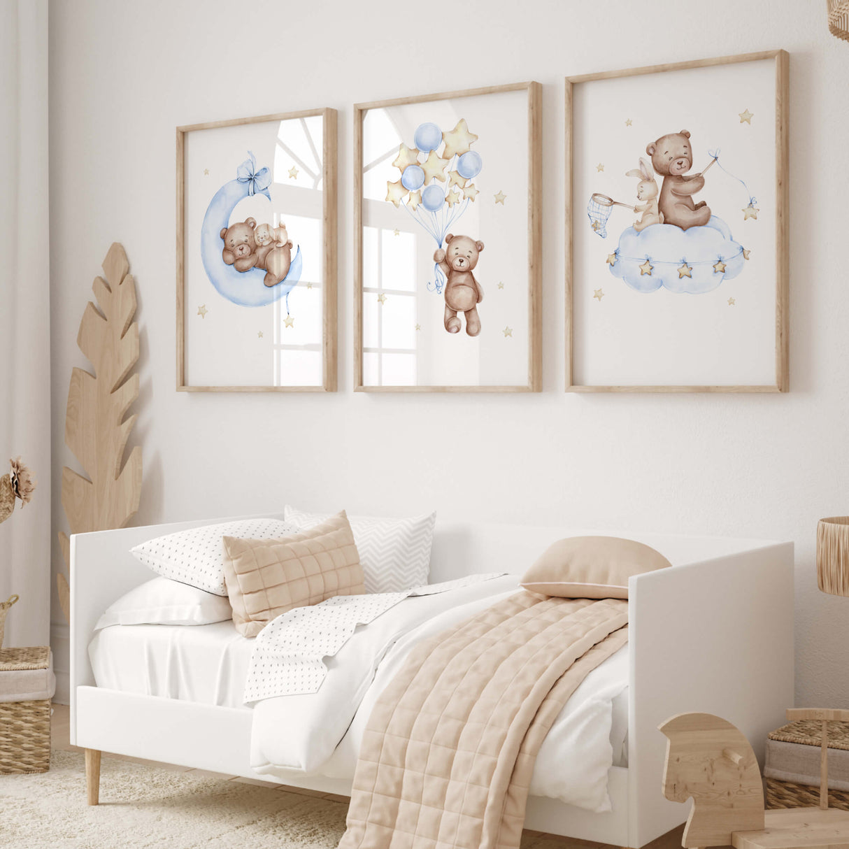 Set of 3 watercolor teddy bear with bunny print in light blue, brown, yellow colors for toddler room decor, gender neutral room decor, baby boys room decor.