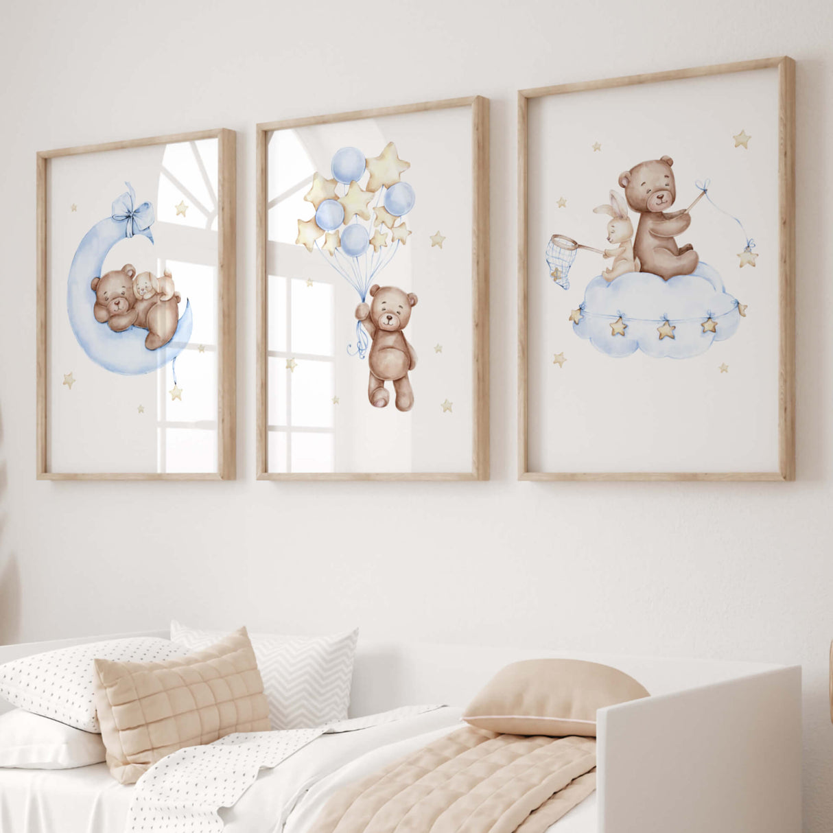 Set of 3 watercolor teddy bear with bunny print in light blue and yellow colors for toddler room decor, gender neutral room decor, baby boys room decor.