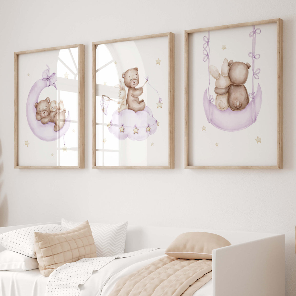 Set of 3 watercolor teddy bear with bunny print in purple, brown, yellow colors for baby girls room decor and white nursery decor.