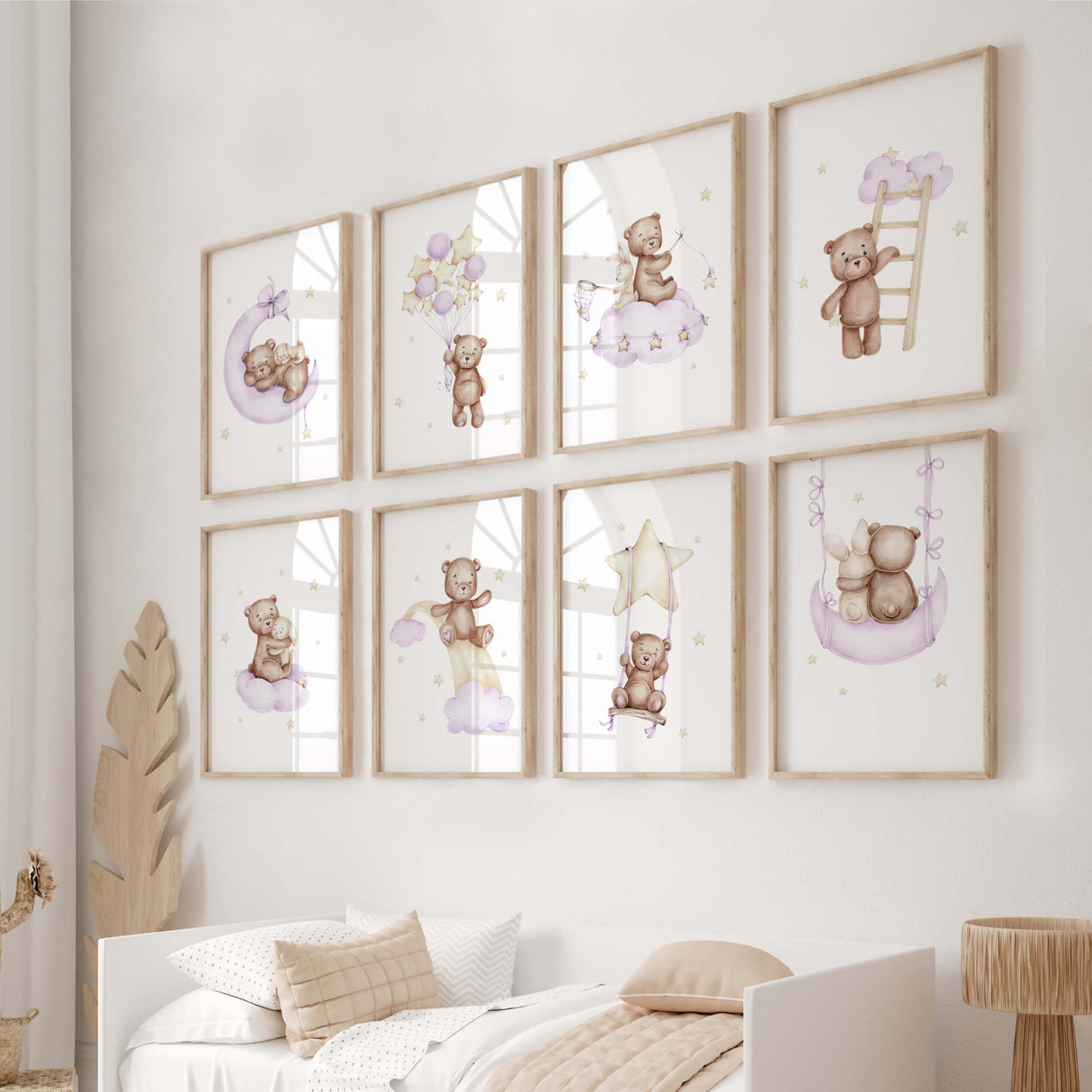 Watercolor lilac teddy bear with bunny printable for baby girls room decor and purple nursery decor.