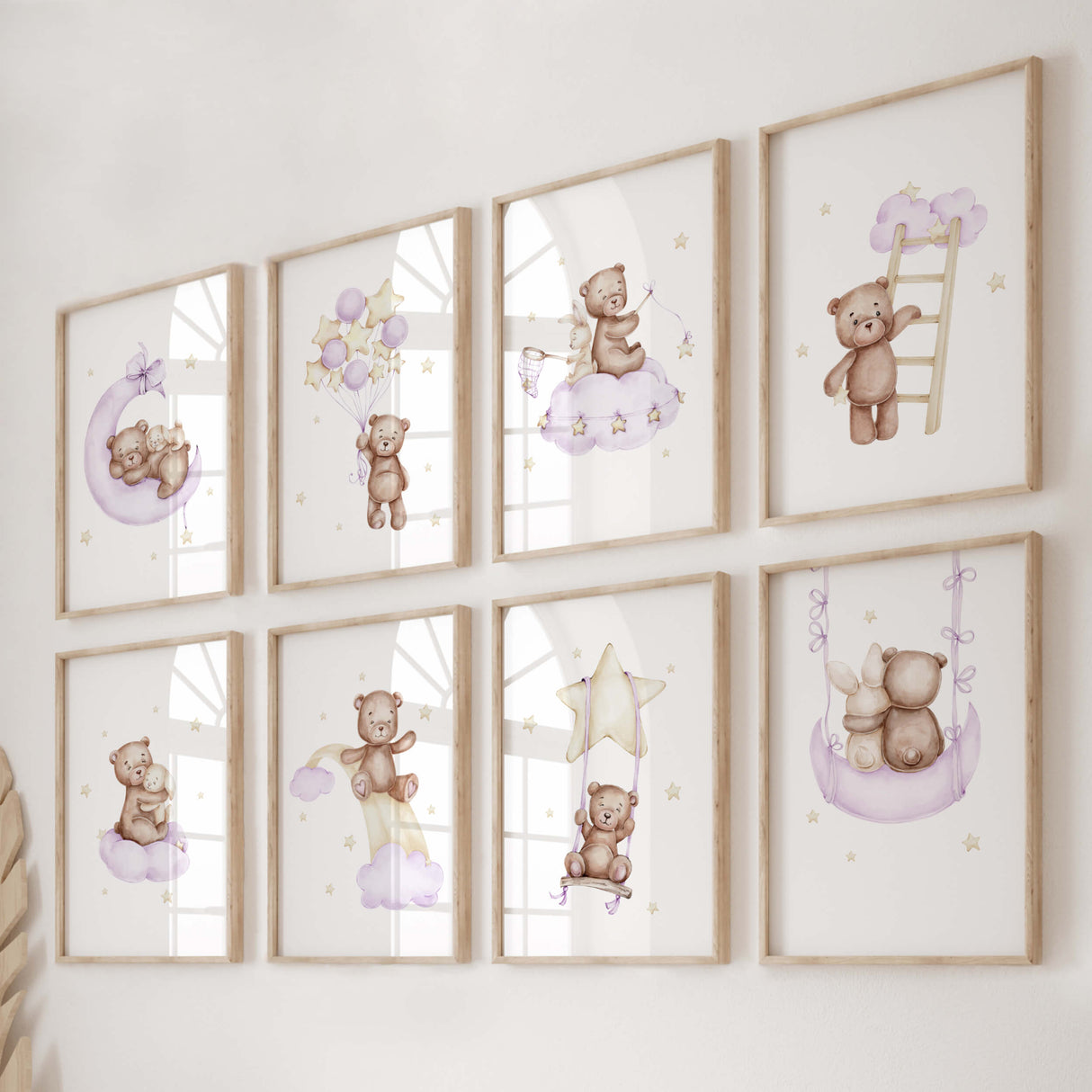 Watercolor purple teddy bear with bunny print for baby girls room decor and purple nursery decor.