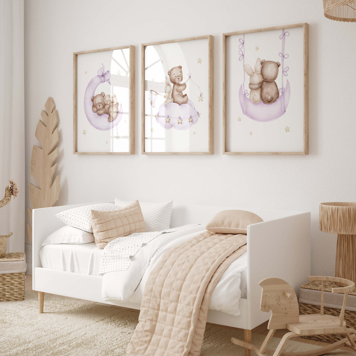 Set of 3 watercolor teddy bear with bunny printable in purple, brown, yellow colors for baby girls room decor and purple nursery decor.