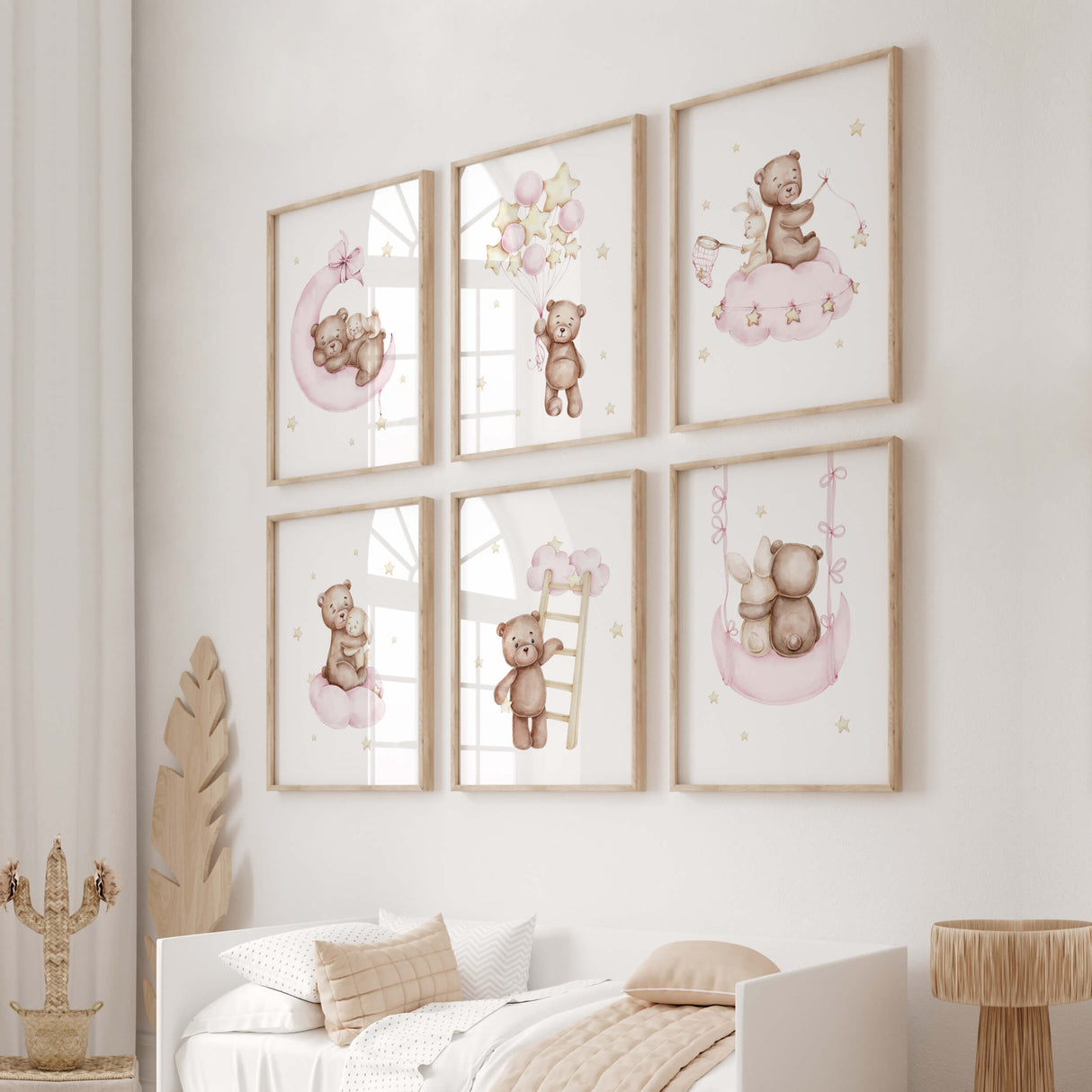 Set of 6 watercolor teddy bear with bunny on the cloud and moon print in light pink, brown and yellow colors for pastel baby girls room decor and white nursery decor.