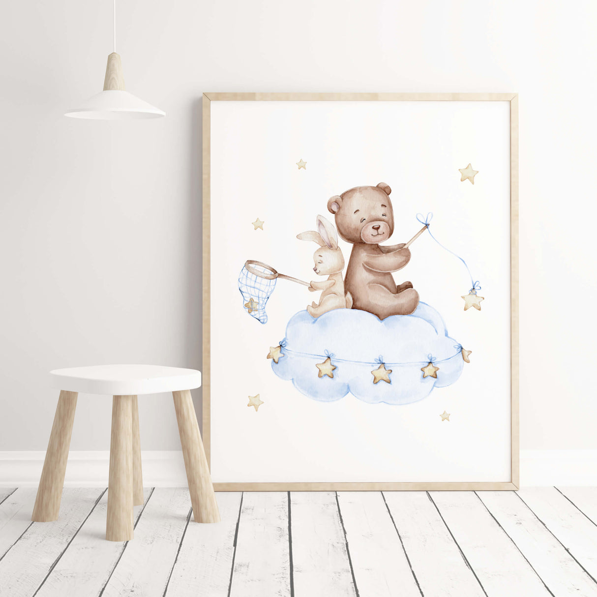 Watercolor teddy bear on the cloud printable in light blue, brown, yellow colors for toddler room decor, gender neutral room decor, baby boys room decor.