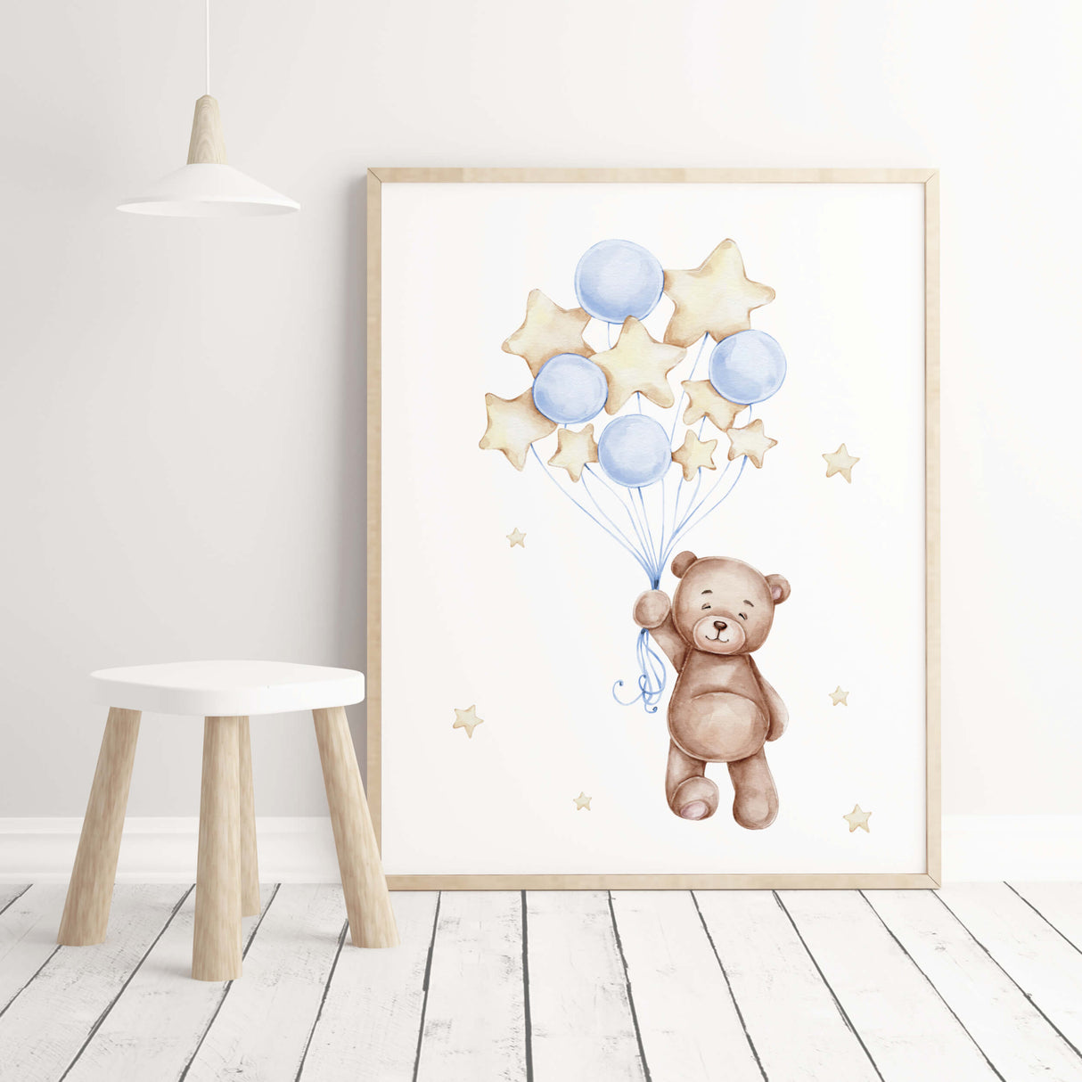 Watercolor teddy bear with balloon printable in light blue, brown, yellow colors for toddler room decor, gender neutral room decor, baby boys room decor.