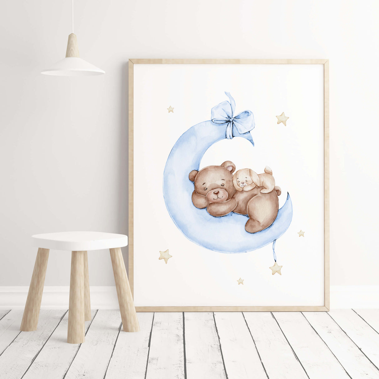 Watercolor teddy bear with bunny on the moon print in light blue, brown, yellow colors for toddler room decor, gender neutral room decor, baby boys room decor.